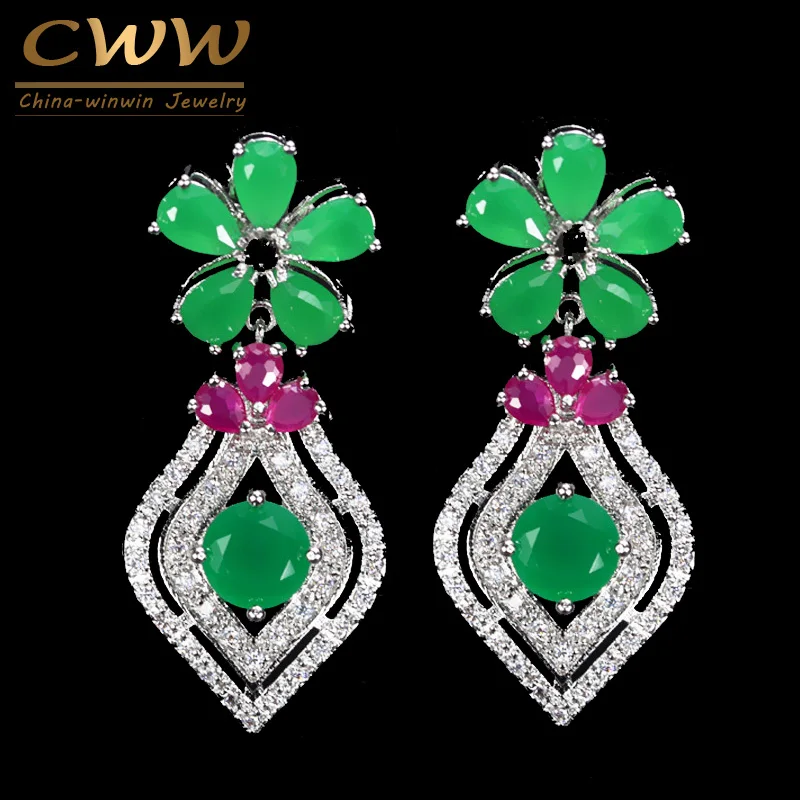 CWWZircons Elegant White Gold Color Cubic Zirconia Green Stone Dangling Flower Drop Earrings Jewelry For Women CZ001