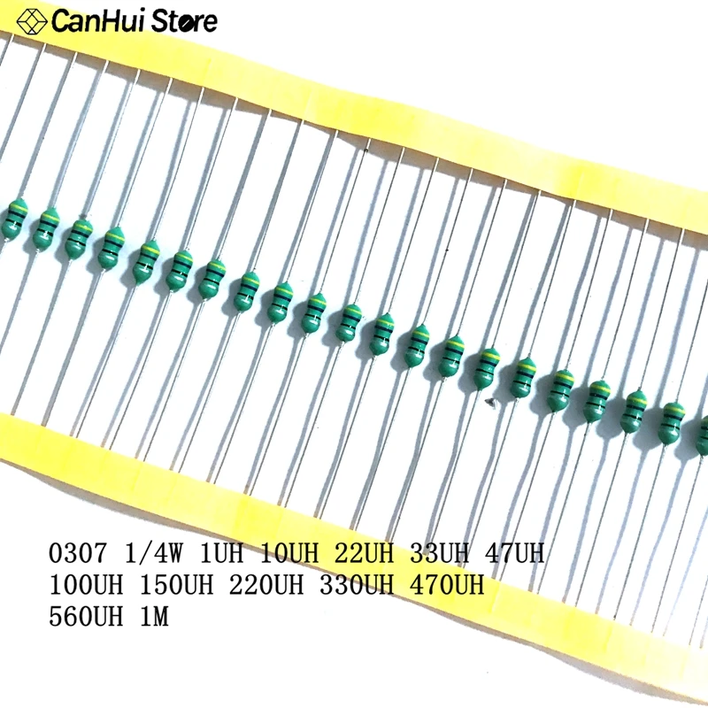 50pcs 1/4W Color Ring Inductor 47UH 0307 0.25W Inductance Chromatic Ring Inductor 1UH 100UH 470UH AL0307-470K 1R 101K 330K 471K