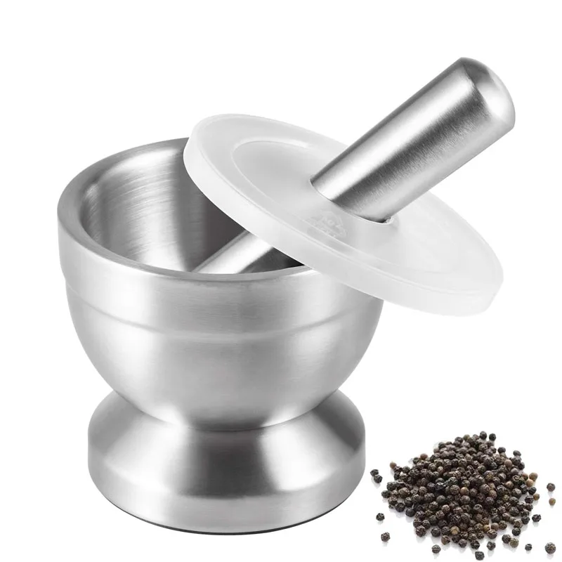 LMETJMA Stainless Steel Spice Grinder With Mortar and Pestle Herbs Spice Grinder Bowl Seasoning Mill Pill Crusher KC0245