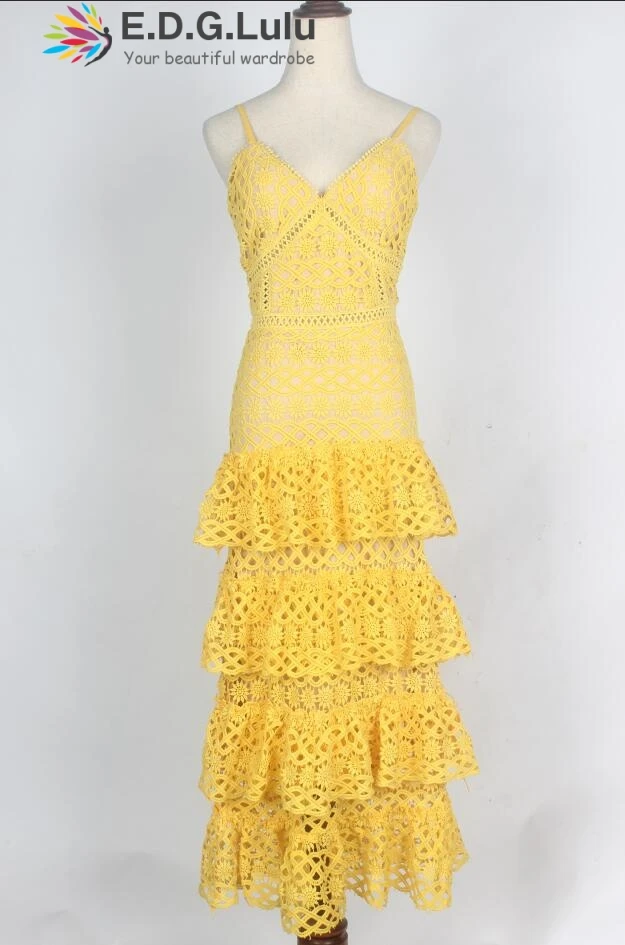 EDGLulu ruffle dress elegant casual runway fashion summer 2019 midi overall dress women suspenders v neck yellow lace dress