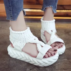 Knitted Elastic Mesh Platform sandals 2019 Summer shoes women Fashion Open toe flat High heel sandals Sweet Slip-On female shoes