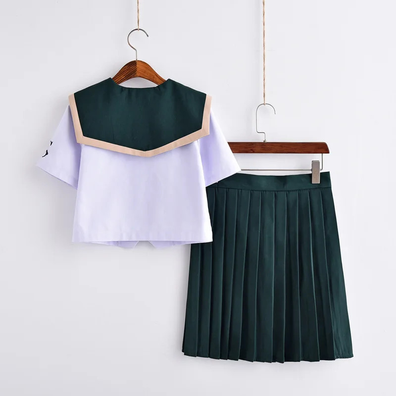 Japanese Jk School Uniform For Girls Embroideried Logo Short Sleeve High School Women Casual Sailor JK Uniforms Sets Green XXL