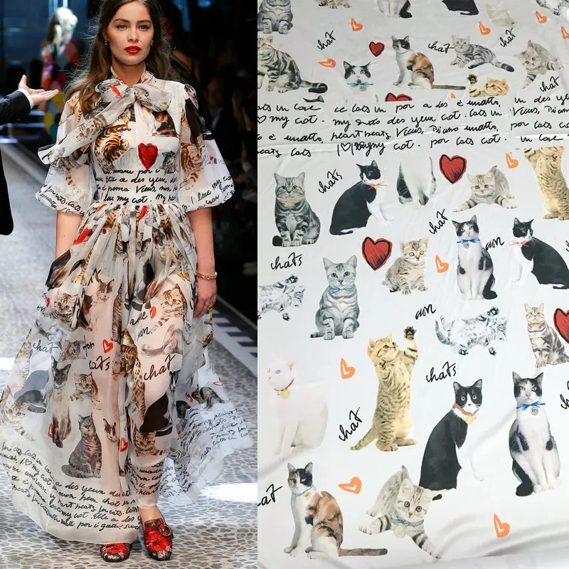 Fashion Show Lovely Cats and English Letter White Chiffon Fabric For Woman Summer Long Beach Dress DIY Cloth Sewing Material