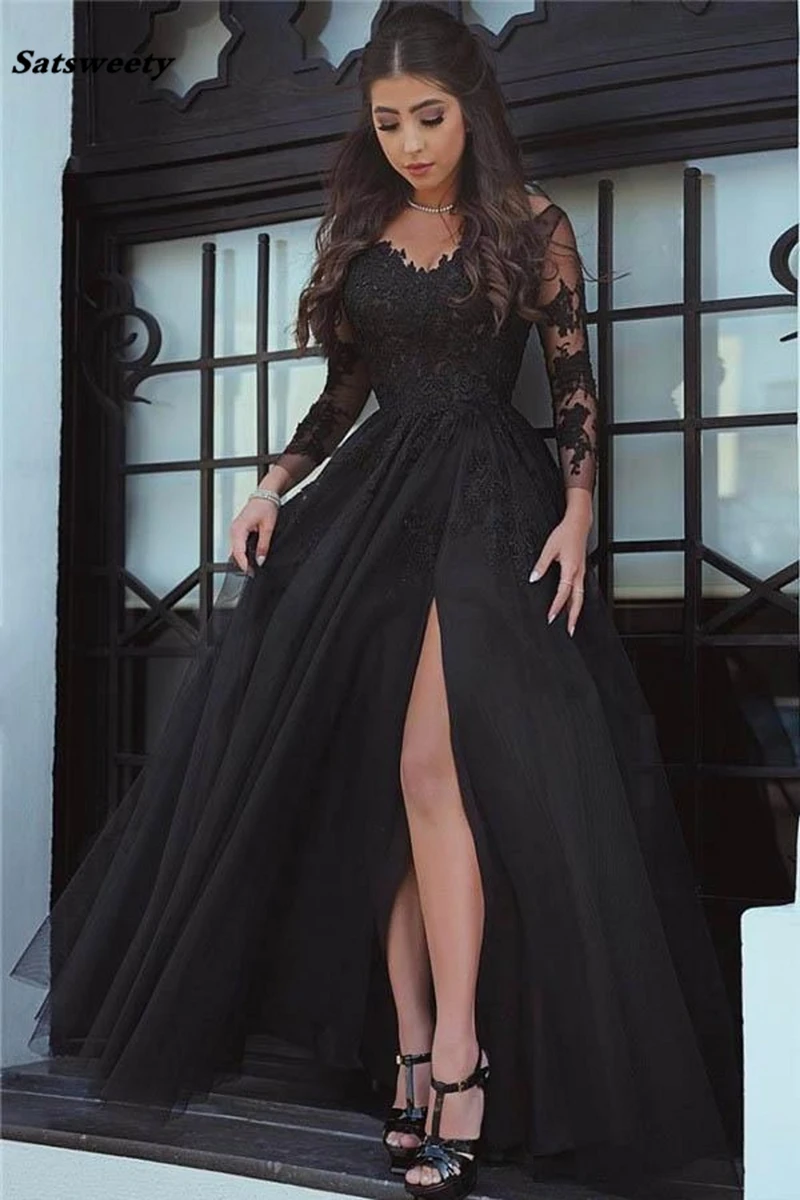 

New Design Lace Appliques Mother of the Bride Dresses Illusion Slit Open Back Formal Long Sleeve Prom Dresses