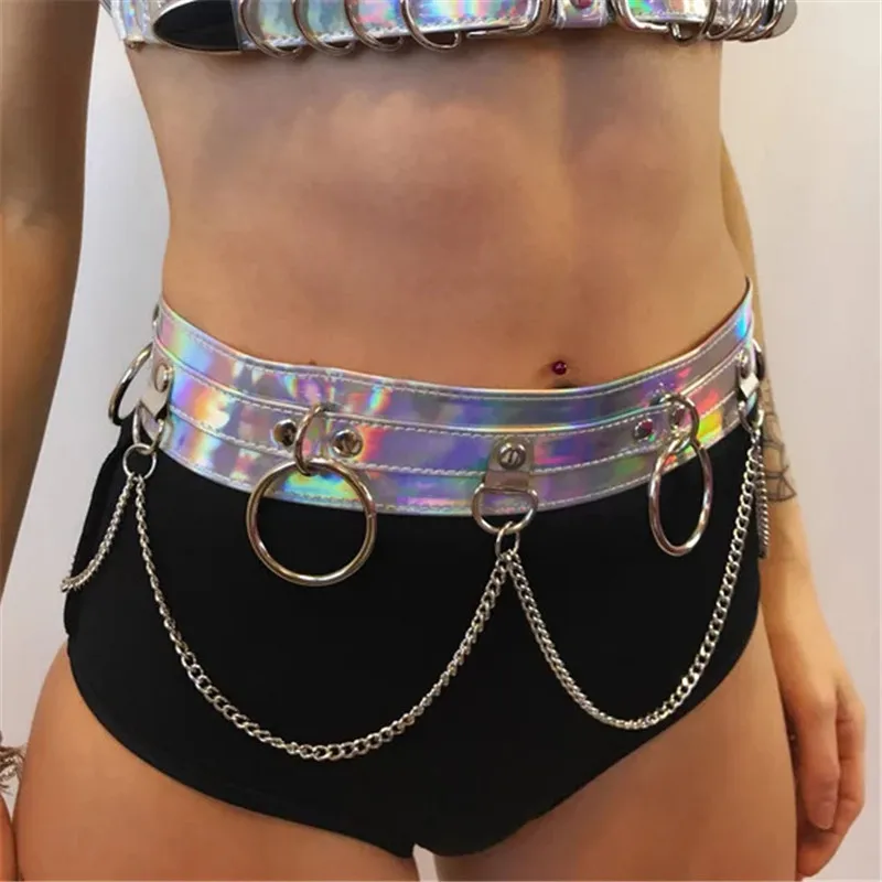 Women Punk Shiny Laser Dazzle Color Leather Waist Belt 2023 Fashion Body Harness O Ring Holographic Sexy Chain Buckles Belts