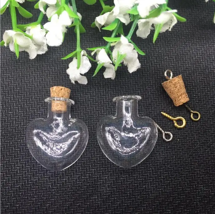 100pcs transparent Glass Bubble potion HEART vial cork stopper silver/bronze/gold eyehook Lampwork pendant necklace charm 2ml