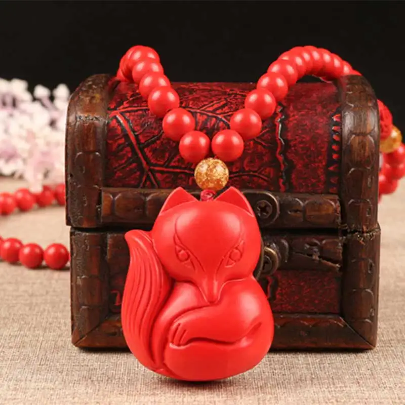 KYSZDL Natural red cinnabar carved fox pendant Women fashion red cinnabar fox sweater chain pendant jewelry gift free rope