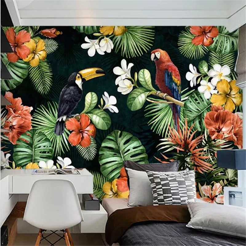 

beibehang Custom wallpaper 3d photo mural hand drawn parrot tropical rainforest tropical plant cartoon TV background wall paper