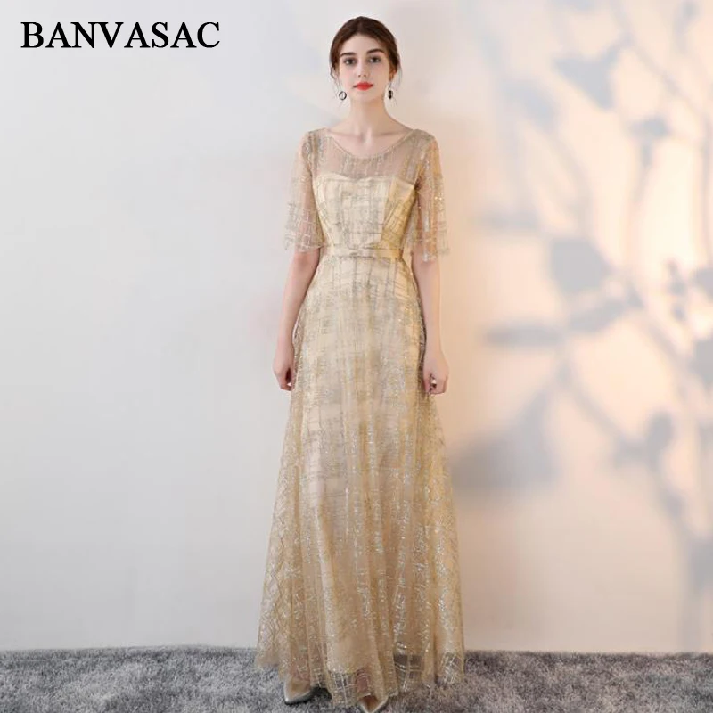 

BANVASAC Elegant O Neck 2018 Sequined Lace A Line Long Evening Dresses Party Bow Sash Half Sleeve Backless Prom Gowns