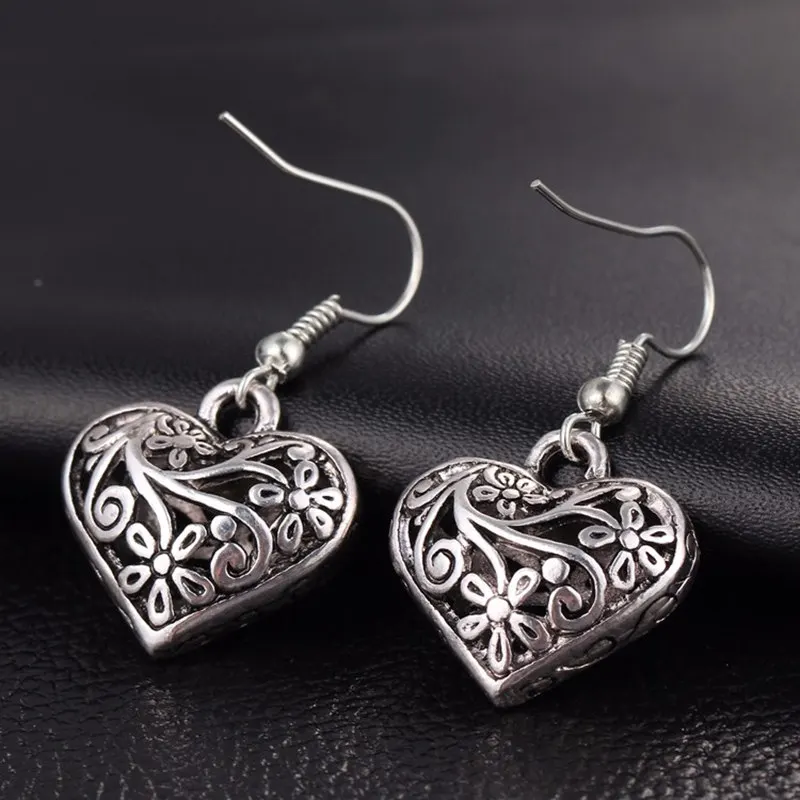 LUBOV Hollow Out Heart Drop Earring for Women Retro Vintage Flower Dangle Earrings Antique Tibetan Silver Jewelry New Arrival