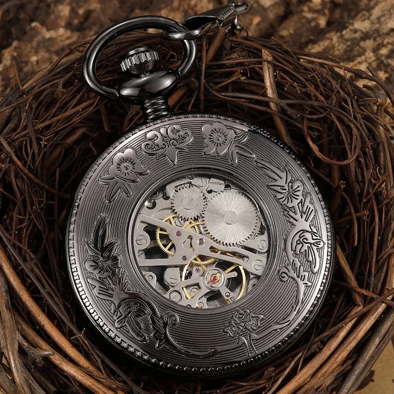 Steampunk Black Mechanical Pocket Watch Large Eagle Vintage Skeleton Pocket & Fob Watch Men Wome Hollow Pendant Watch Box Gift