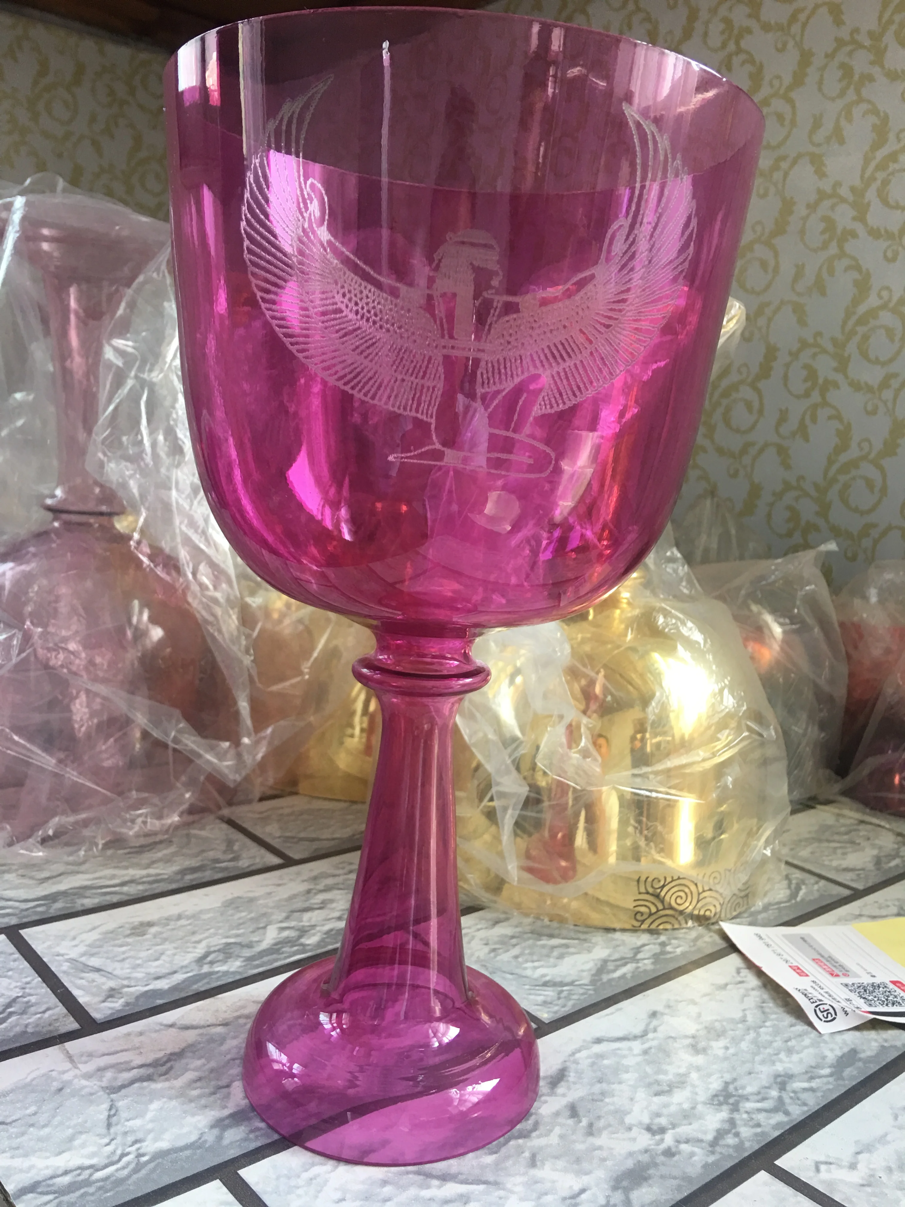 Pink color Crystal Singing grail/chalice,3th octave perfect G# note Throat chakra 7.25 inch in 432hz with ISIS Design