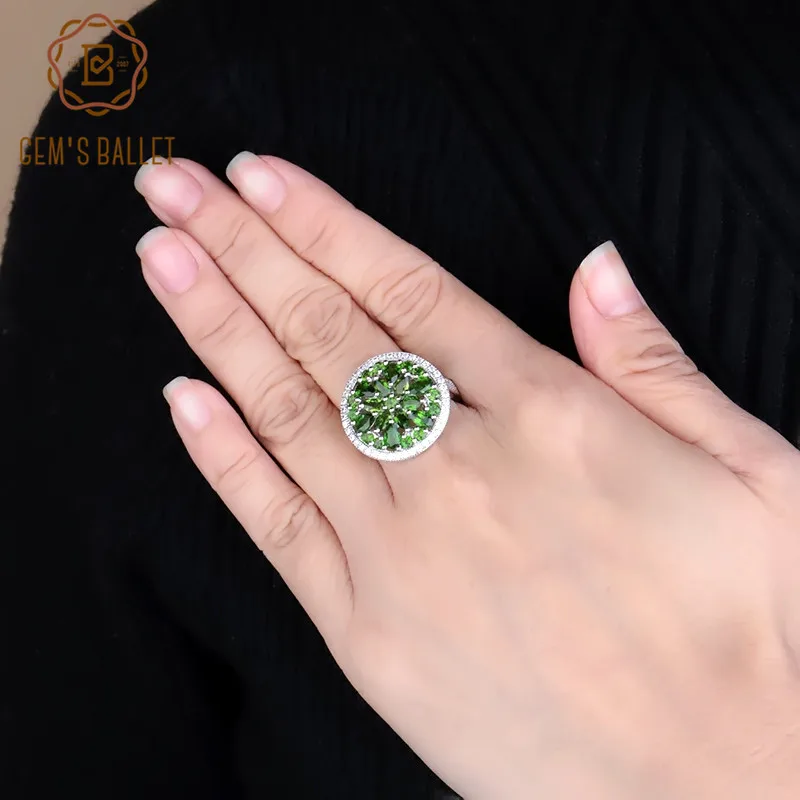 GEM'S BALLET Luxury Natural Chrome Diopside Gemstone Ring 100% 925 Sterling Silver Vintage Cocktail Rings for Women Fine Jewelry