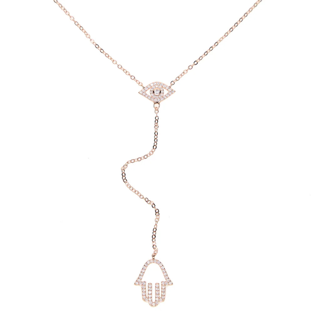 fashion jewelry turkish evil eye hamsa hand pendant micro pave clear cz Lariat Y shape Gold color stunning women necklace