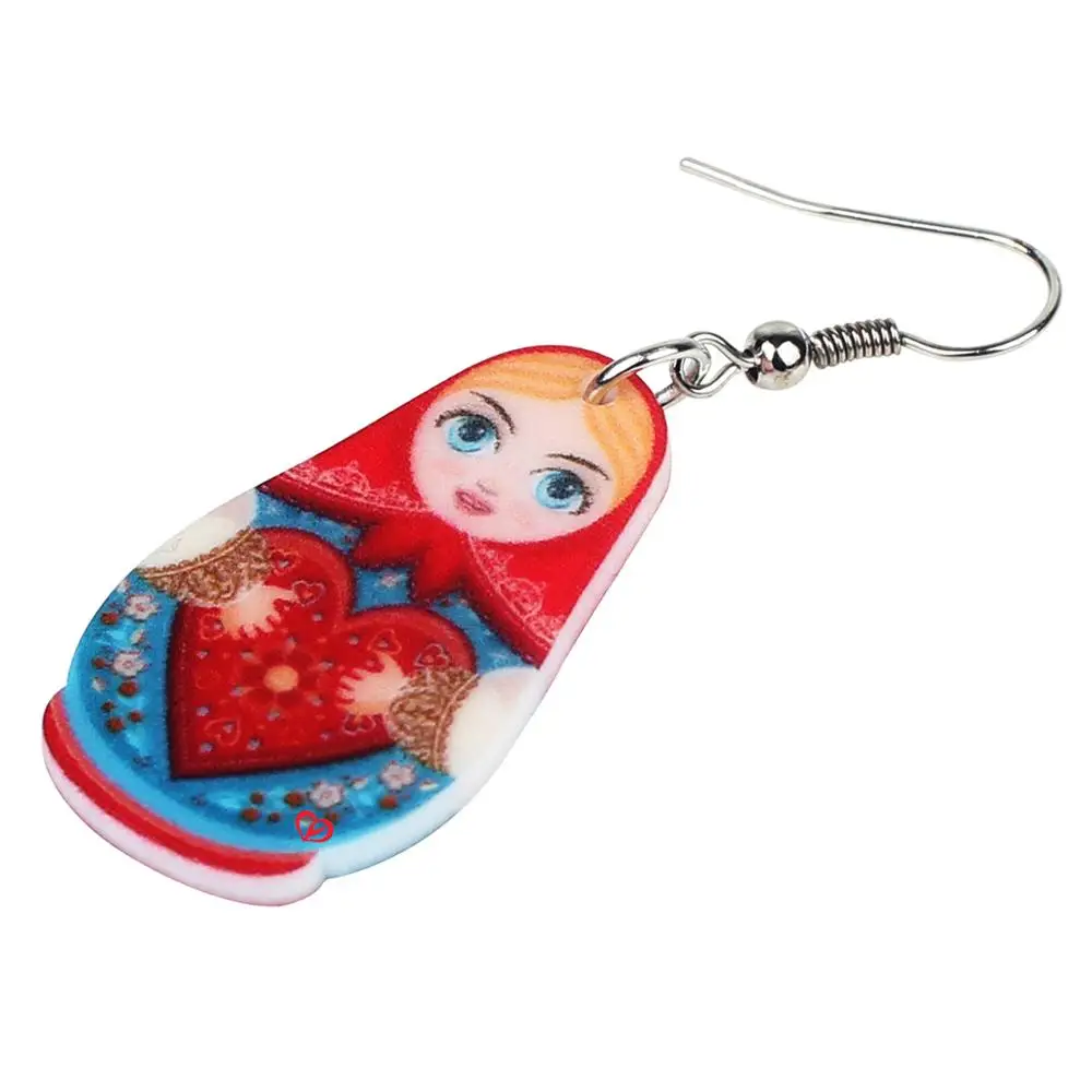 Bonsny Acrylic Red Love Heart Russian Doll Earrings Dangle Drop Fashion Jewelry For Women Girls Lovers Charm Gift Accessories