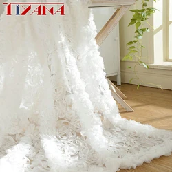 Korean Luxury White Lace 3D Rose Flowers Curtain For Windows Pink Tulle Curtains For Living Room Bedroom Decor Drapes Cortinas