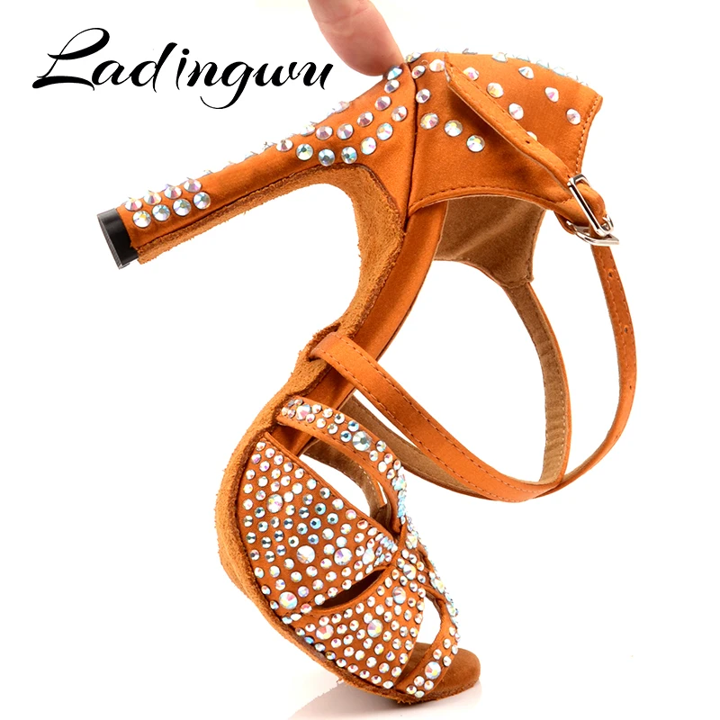 Ladingwu New Latin Dance Shoes Women New laser Rhinestone Satin Salsa Party Ballroom Dancing Shoes Bronze Cuba High Heel 10cm