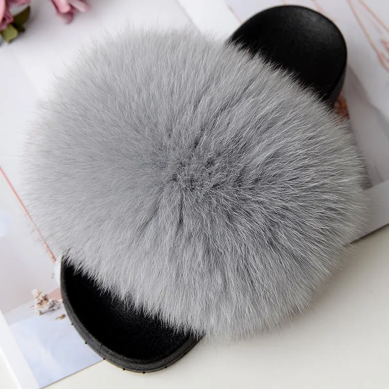 Real Fox Fur Slides Plus Size Summer 2021 Open Toe Fluffy Real Hair Slippers Casual Black Slip On Flip Flops Furry Shoes