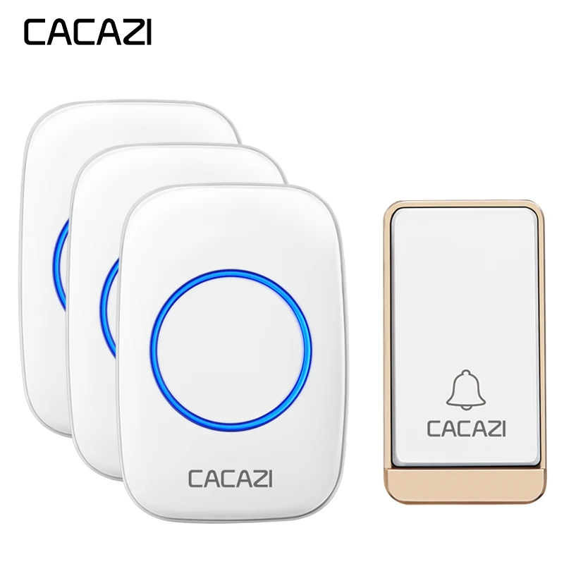 CACAZI Self-powered Wireless Doorbell Waterproof No battery 1 Button EU Plug 3 Receiver 200M Remote LED light Cordless DoorBell