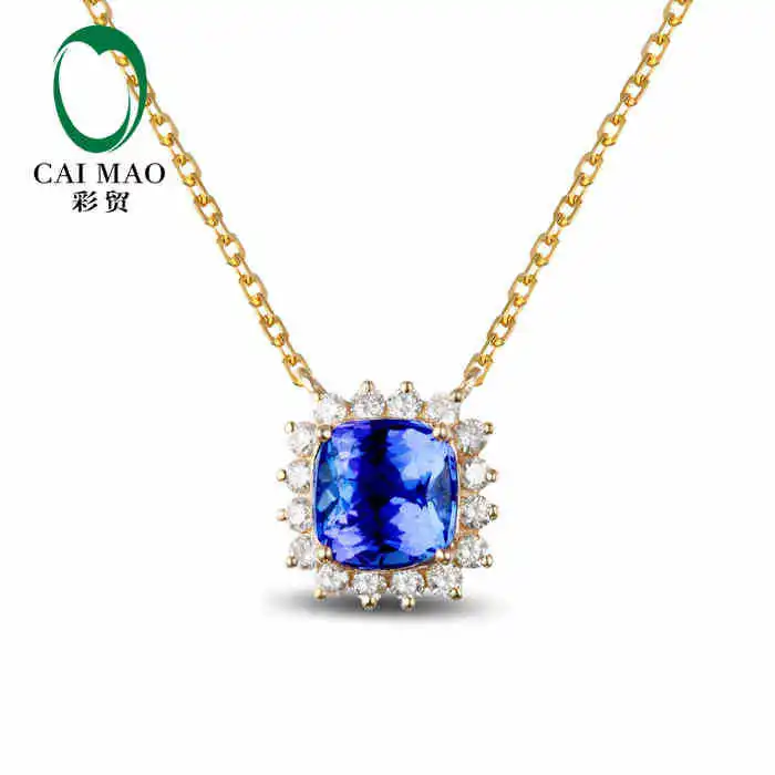 CaiMao 18KT/750 Yellow Gold 2.1 ct Natural IF Blue Tanzanite AAA  0.35 ct Full Cut Diamond Engagement Gemstone Pendant Jewelry