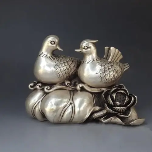 Collect white copper Mandarin Duck Lotus Flower Auspicious Statue