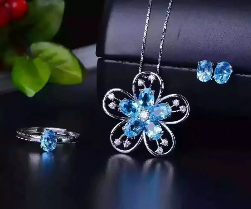 

LANZYO 925 sterling silver blue topaz Jewelry Sets Fine Jewelry Ring Necklace Pendant Earring Women Bridal tz050701agb