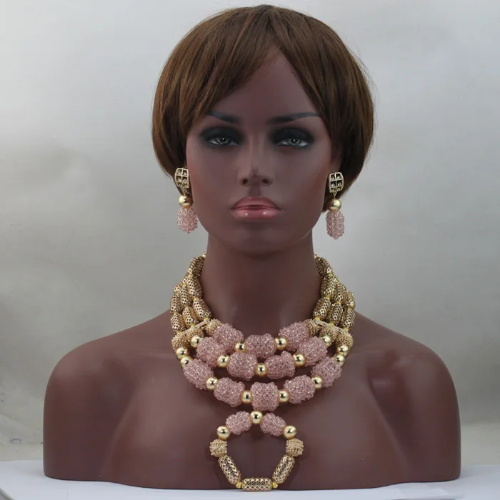 Pretty Fashion African Wedding Gold Mix Pale Pink 3 Rows Crystal Beads Jewelry Sets Necklace African Accessory Free ShipABL836