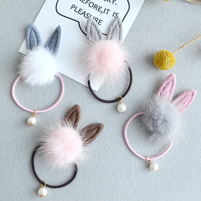 20pcs Fashion Cute Fur Pom Pom Rabbit Ears Hair Ties Animal Ears Elastic Hair Bands Princess Headwear Girls Hair Accessories