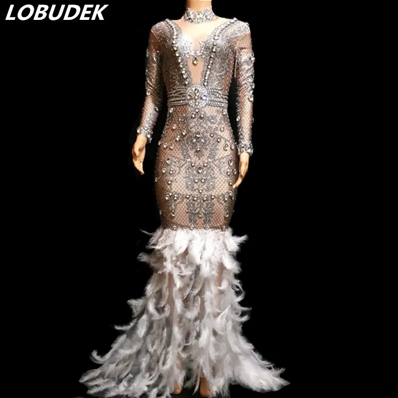 Glisten Rhinestones White Feather Trailing Dress Sexy Birthday Party Women Long Dress Costumes Nightclub Singer Host Stage Wear