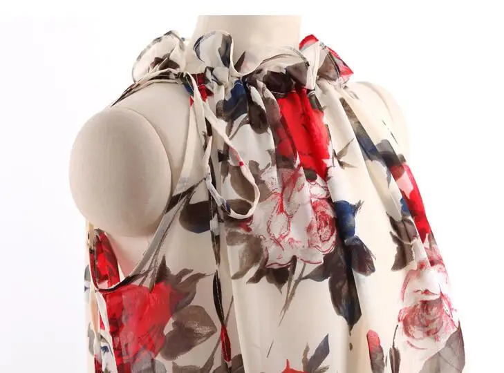 gkfnmt 2018 New Fashion Women Sleeveless Chiffon Floral Print Blouse Ruffles Turtleneck Tops Shirt Blusas Feminine XXL