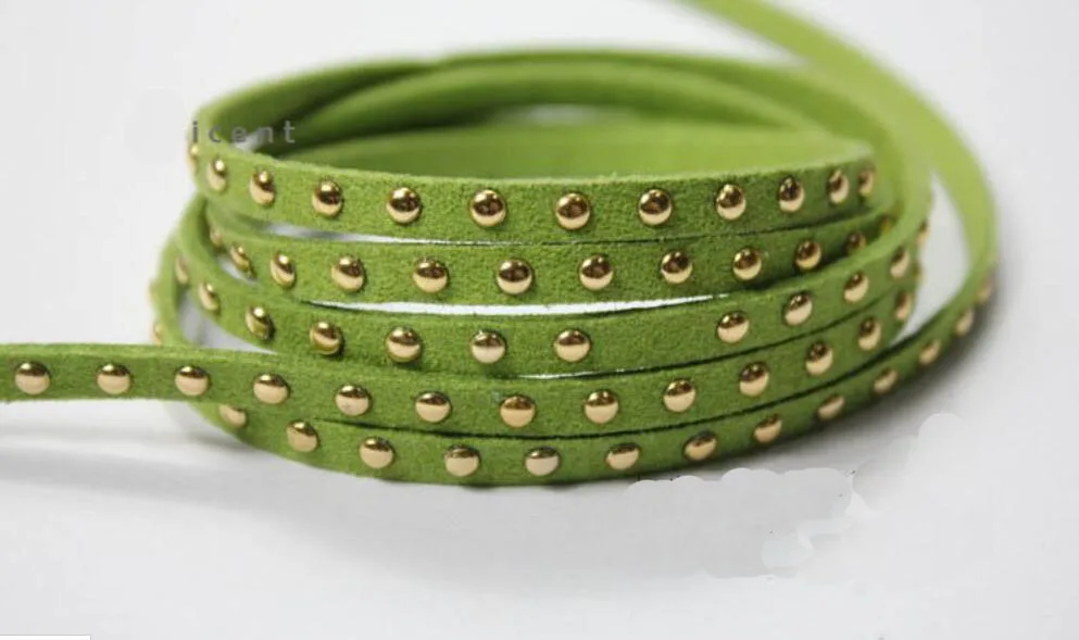 

Free Ship 5mm 100 Meters Lime Green Glitter Suede Leather With Gold Studs, 5mm Flat Suede Leather Cord