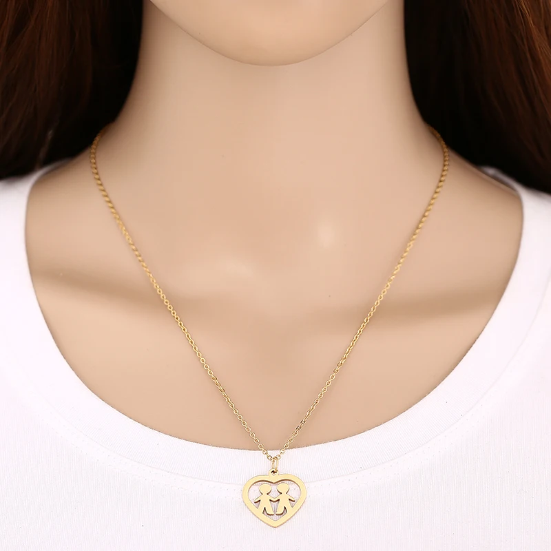 Fashion Figure Boy & Girl in Heart Pendant Necklace Stainless Steel Children Kids Necklace Gold Silver Color Chain Charm Choker