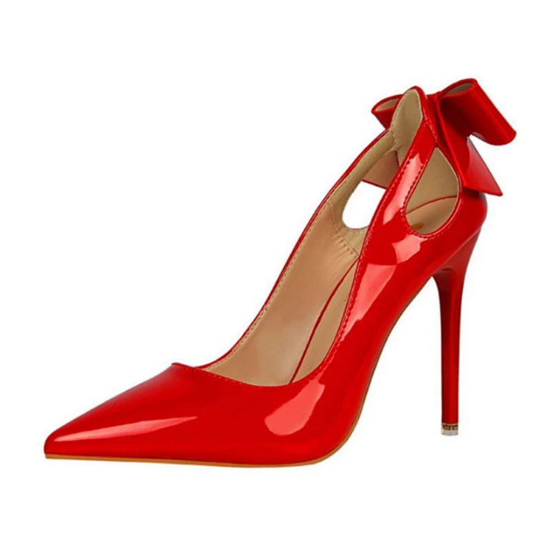 Spring Patent Leather Fashion Bowtie Women\'s Shoes Back Heel Cut-Outs Sexy Pumps Female High Heels Pointed Toe Dress Party Shoes