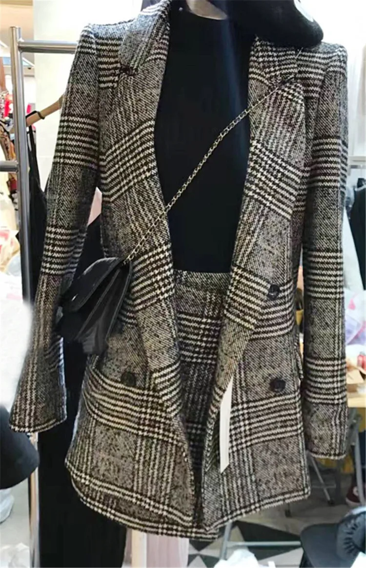 Hot Selling new 2018 lattice stripes long suit jacket half skirt suit ladies fashion casual suit + skirt two piece set (B482)
