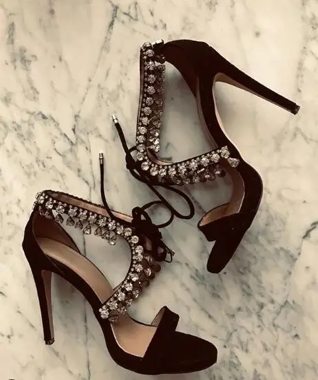 

Carpaton Fashion Crystal Tassle Sandals Open Toe Lace-up High Heel Gladiator Shoes Woman Thin Heels Party Wedding Shoes Black