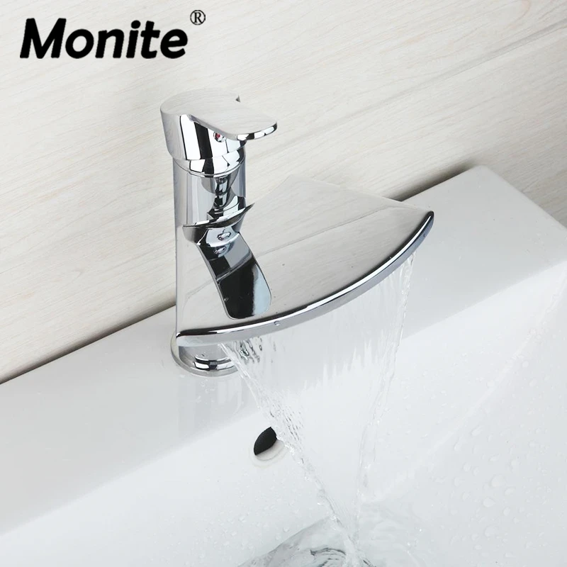 

Monite Polished Chrome Brass Waterfall Faucet torneira 8252 Bathroom Basin Faucet Vanity Sink Mixer Tap Wide Spout