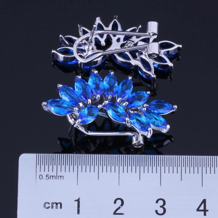 Brilliant Ear Shaped Blue Cubic Zirconia Silver Plated Clip Hoop Huggie Earrings V0889