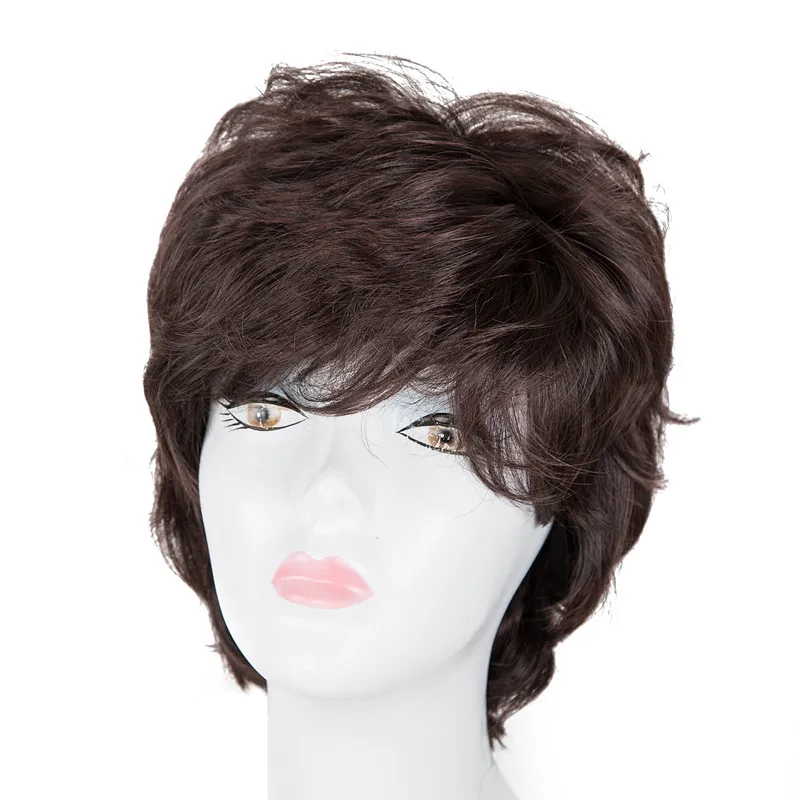 Mama\'s Wig Fei-Show Synthetic Short Wavy Dark Brown Hair Heat Resistant Fiber Male/Female Peruca Perruque Women Hairpiece Toupee