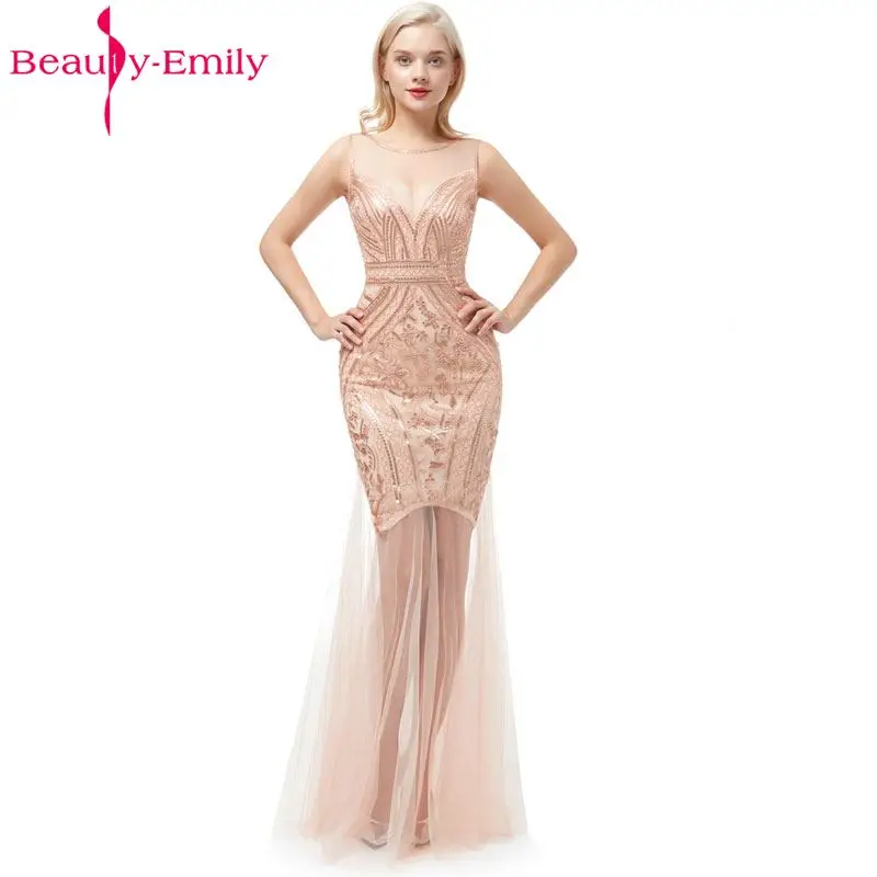 Beauty-Emily Sequins Golden Beading Evening Dresses Mermaid Long Formal Prom Party Dresses 2019 New Style