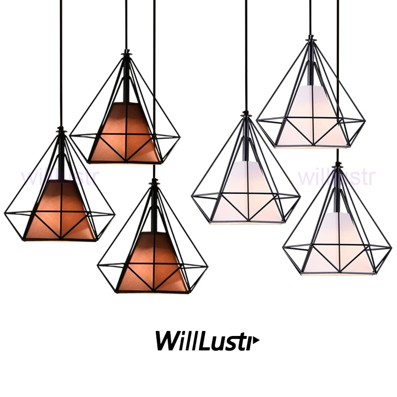 Willlustr diamond shape lamp wrought iron pendant light Dinning Room Bar Cafe Restaurant metal frame fabric Suspension lighting