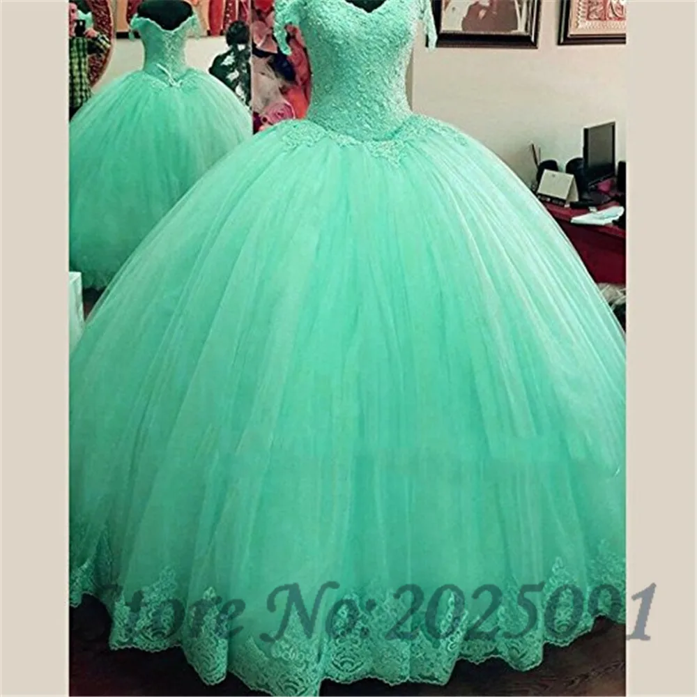 Ôm Vai Bạc Hà Quinceanera Đầm Bầu 2021 Voan Ren Appliques Vestidos De 15 Anos Phồng Sweet 16 Promise dài