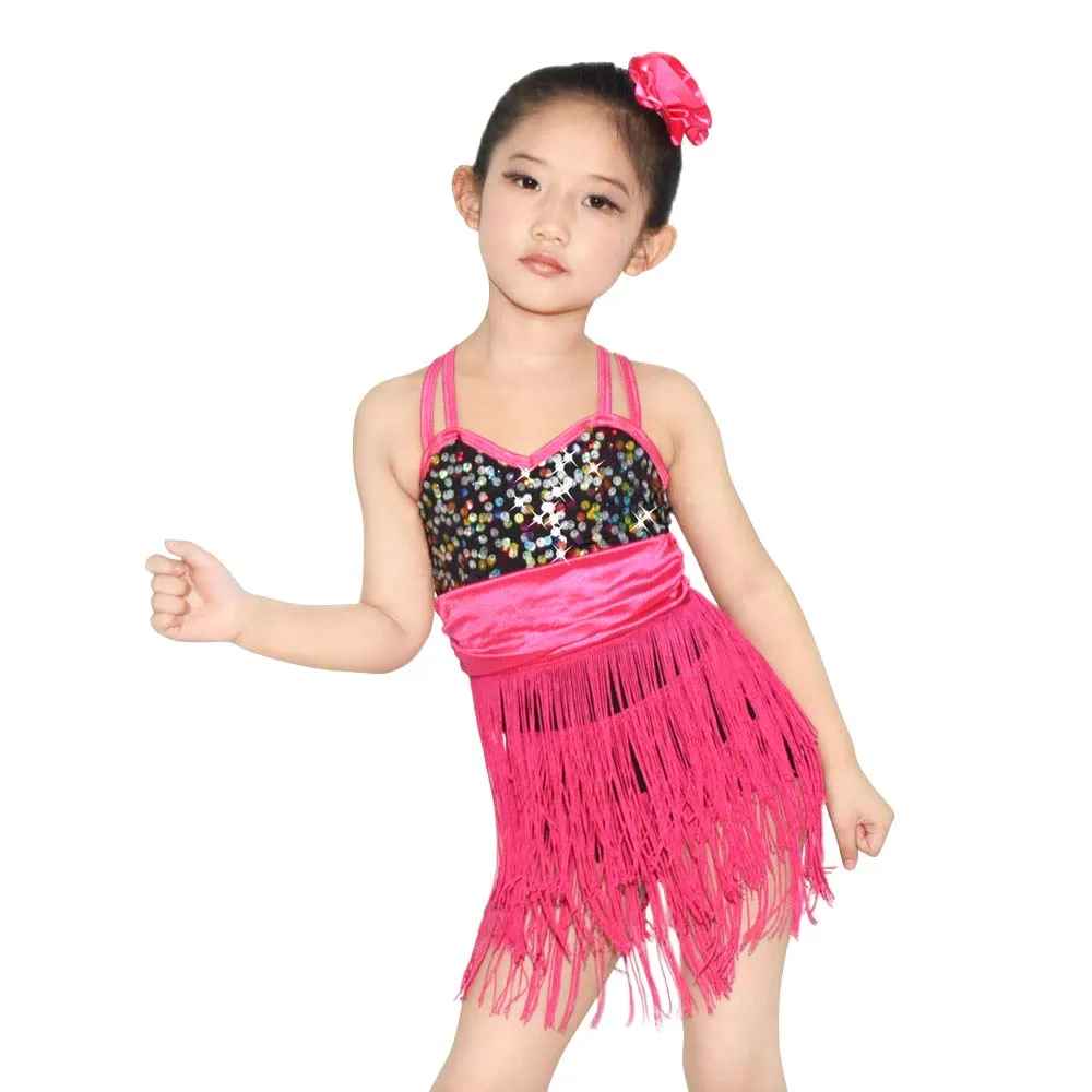 Girls Leotard Sequins Tassel Ballroom Dance Clothes Camisole Tango Latin Dance Dress For Stage And Party Drssess