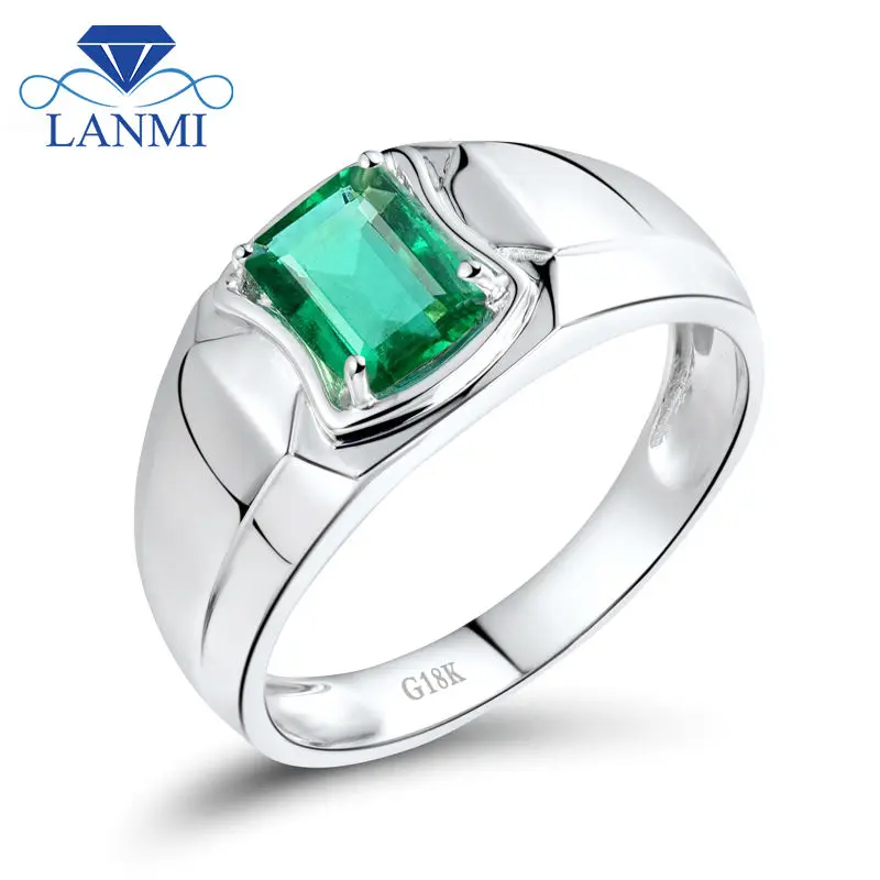 

LANMI Emerald Gemstone Rings In Solid 18k White Gold Natural Emerald Wedding&Engagement Men's Ring Colombian Jewelry WU292