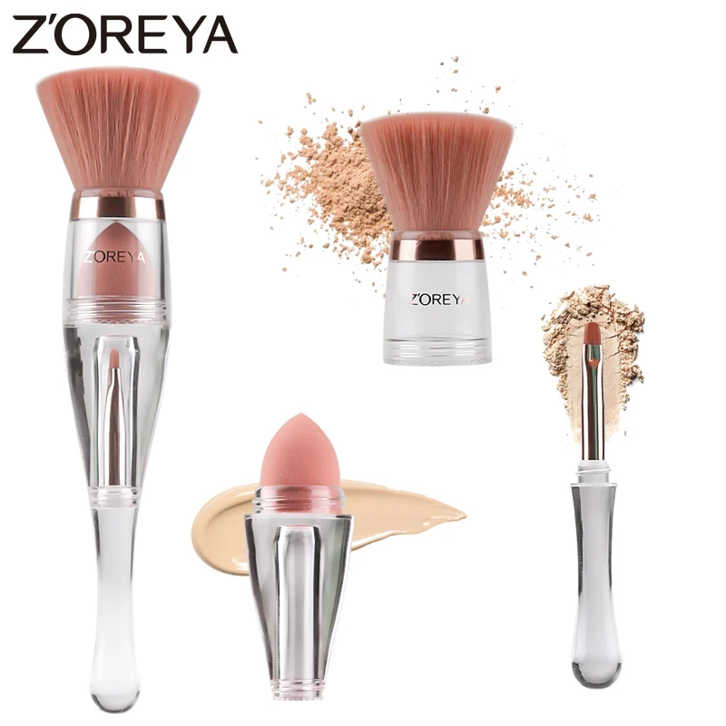 ZOREYA Brand 3 in 1 Multi-function Travel Brushes Super Soft Synthetic Hair Flat Contour Sponge Eye Shadow Cosmetic Tools