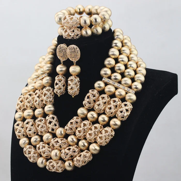 New Gold 4 Layers 2017 Latest African Wedding Jewelry Set Handmade Balls Beads Bridal Necklace Jewelry Sets Free ShippingABH033