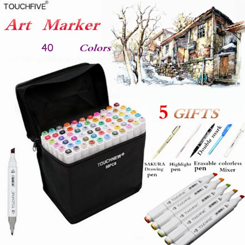 TOUCHFive 40 Colors Art Sketch Markers Set Brush Pen For Draw Manga Animation Design Dual Headed Alcoholic Oily Based Ink