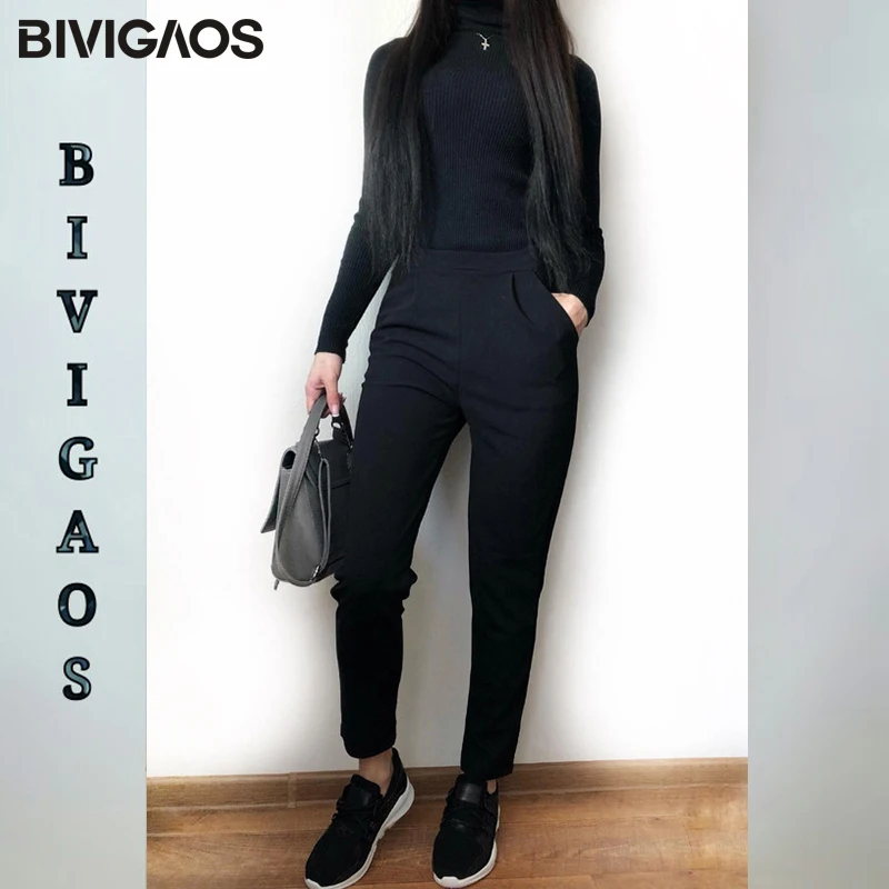 BIVIGAOS-봄/가을 여성용 한국 OL 블랙 하렘 바지, 통기성 여름 얇은 캐주얼 펜슬 바지 정장 바지, 여성 사무실