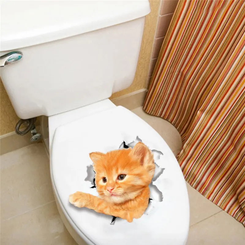 Lovely Cat Kitten Toilet Seat Stickers Restroom Decoration 3d Animals Pet Home Mural Art Diy Wall Decals Peel And Stick Poster