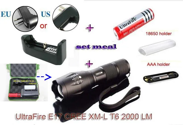 50pcs/lot 2000 Lumens Flashlightbox E17 Zoomable Torch with RETAIL box (18650 battery + charger)