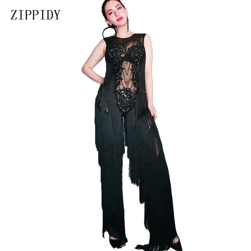 2019 แฟชั่น Rhinestones สีดำ Fringes Rompers เซ็กซี่ตาข่ายมุมมอง Jumpsuit ผู้หญิงนักร้องนักเต้นแฟชั่น Leggings